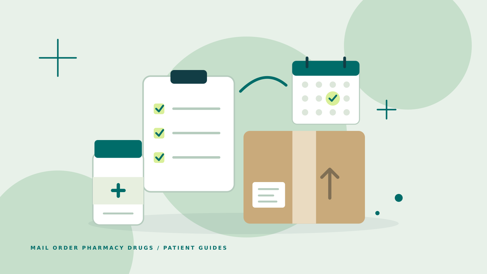 Illustrated prescription planning with a delivery package, calendar, and checklist